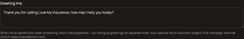The Greeting line field on the AI Receptionist settings page